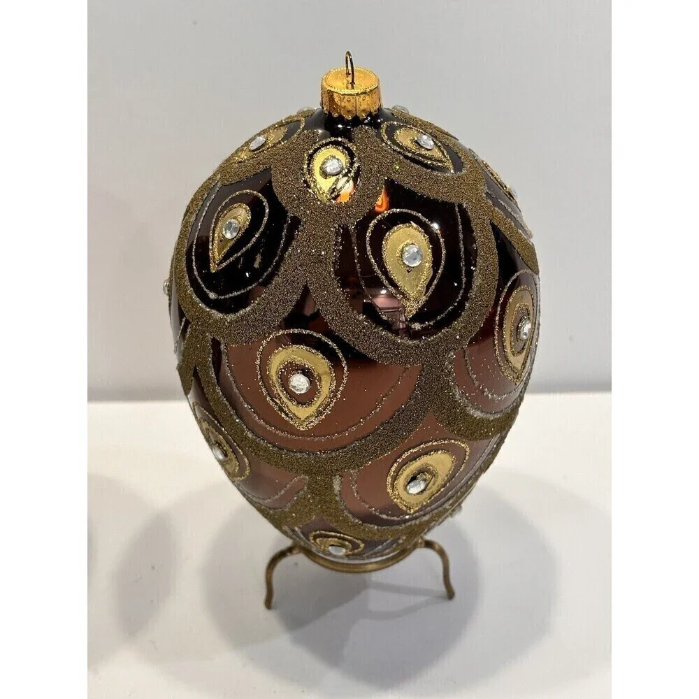 Vintage Hand Blown & Painted Glass Egg Christmas Ornament Diamond Glitter Set 2